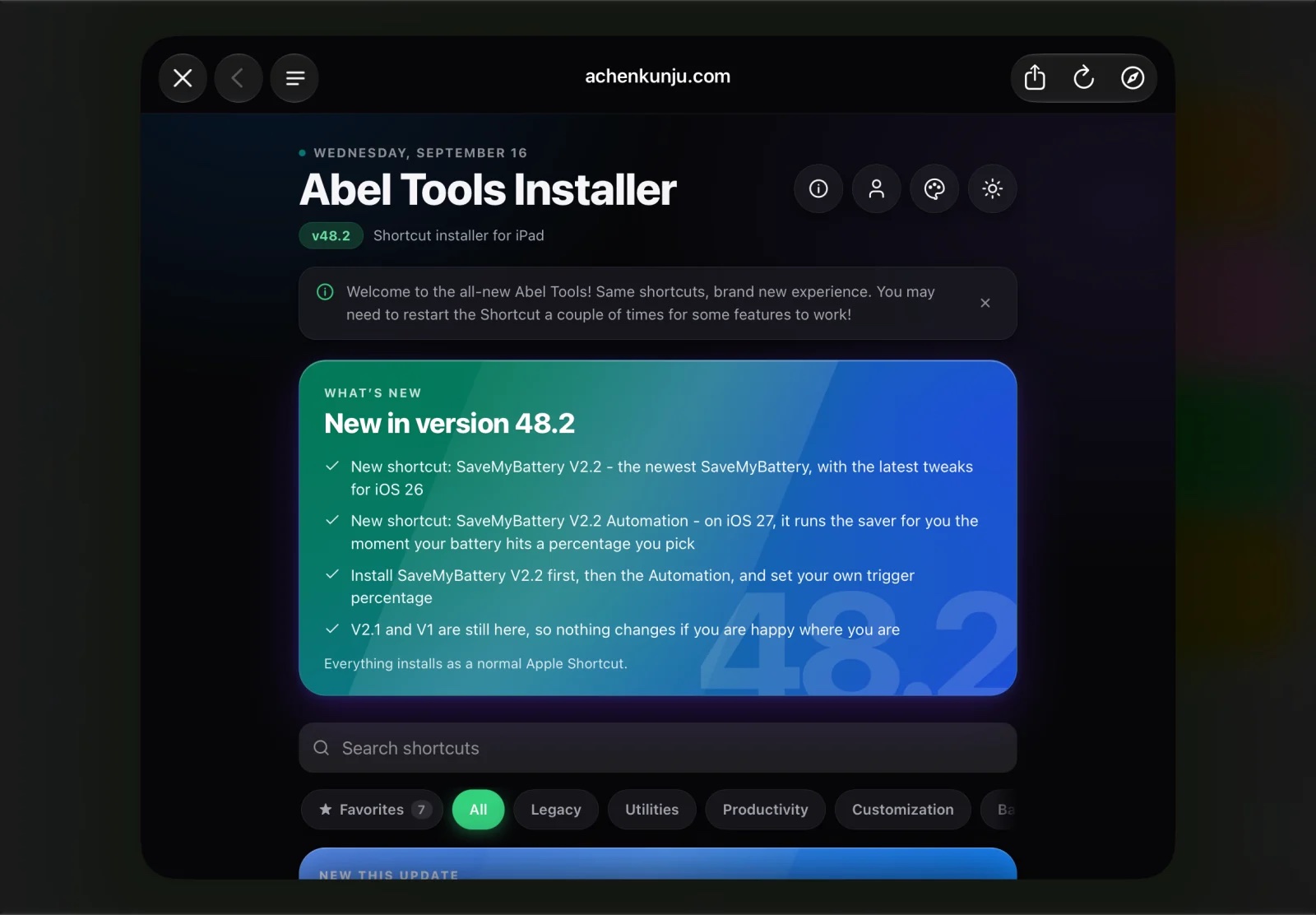 The Abel Tools Installer running on an iPad, showing the version 48.2 release notes, the shortcut search field and the category filters.